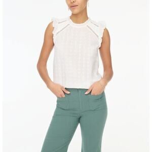 J.Crew Flutter Sleeve Cotton Clip-Dot Top WMNS M White Ruffled Semi-Sheer Blouse